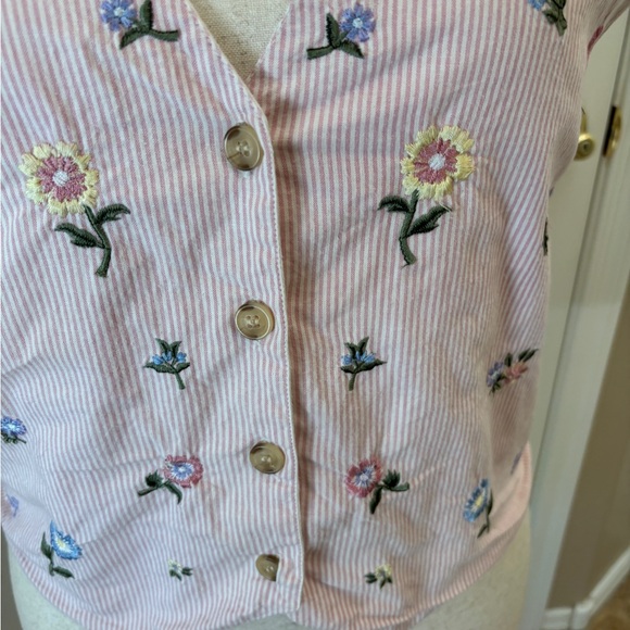 Solutions Cotton Lined Pink Embroderied Floral Retro Grandma Vest Women’s Large - Picture 3 of 10